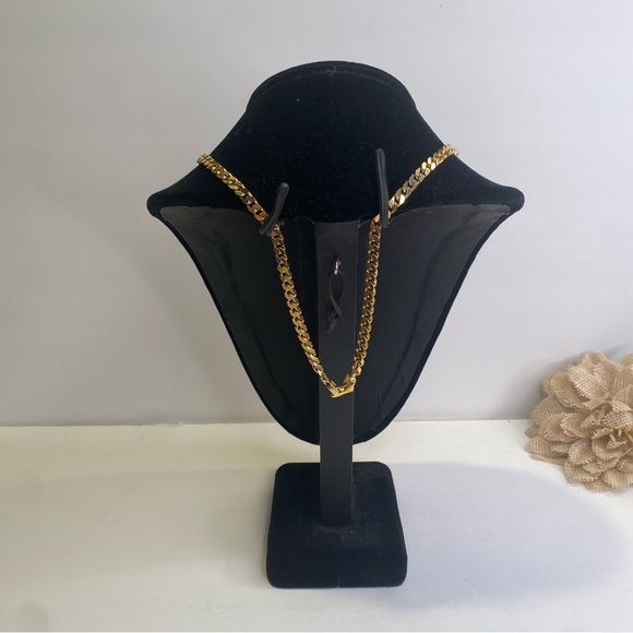 Vintage VB Marked Cuban Gold Tone Chain Necklace With 4 Crystal Flowers - Picture 4 of 11